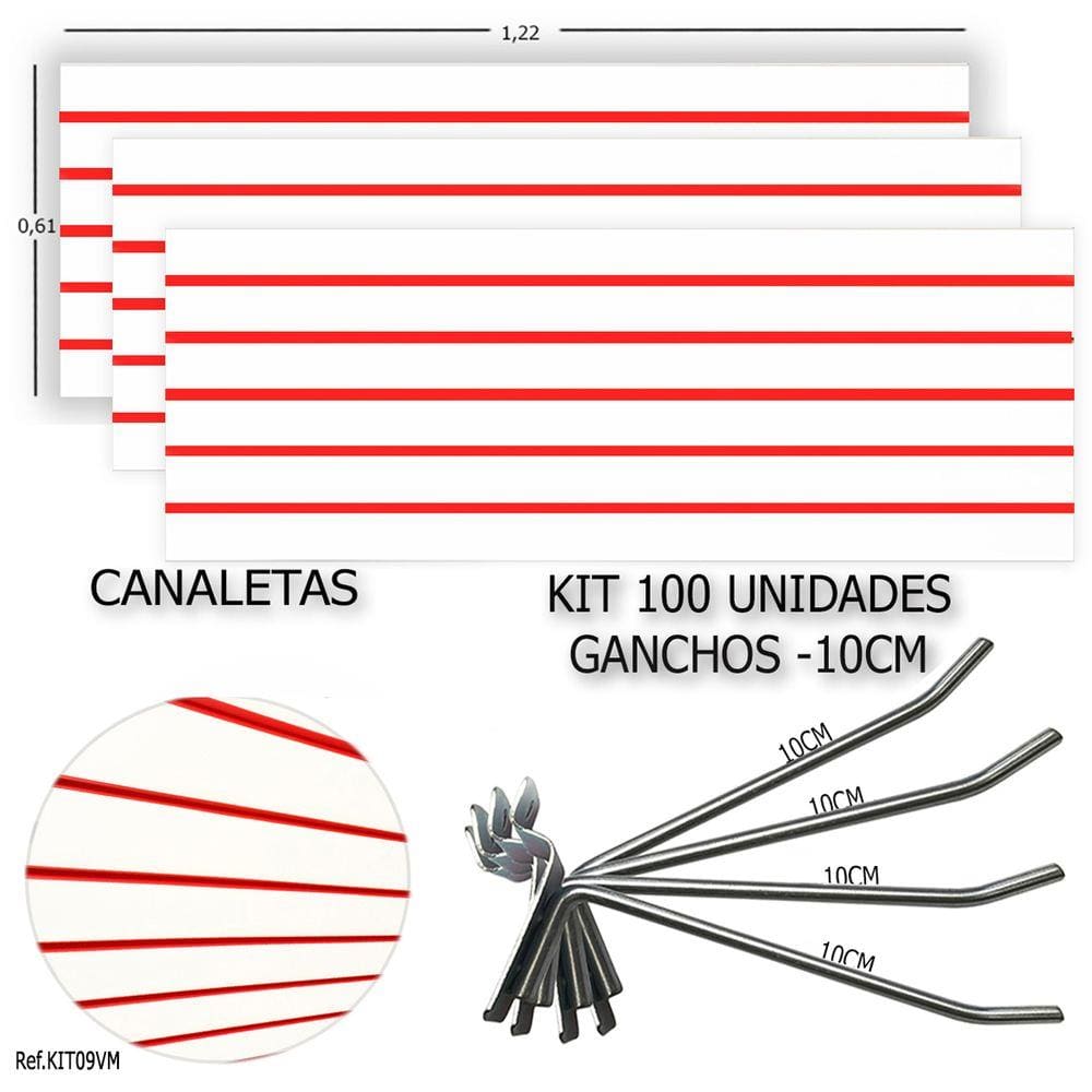 3 PAINEIS CANALETADOS 1,22 x 0,61+ 100 GANCHOS 10CM + CANALETA VERMELHAS
