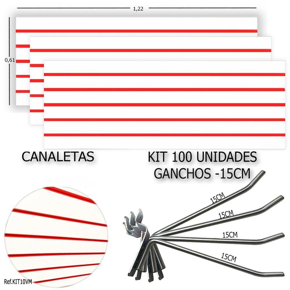 3 PAINEIS CANALETADOS 1,22 x 0,61+ 100 GANCHOS 15CM + CANALETA VERMELHAS