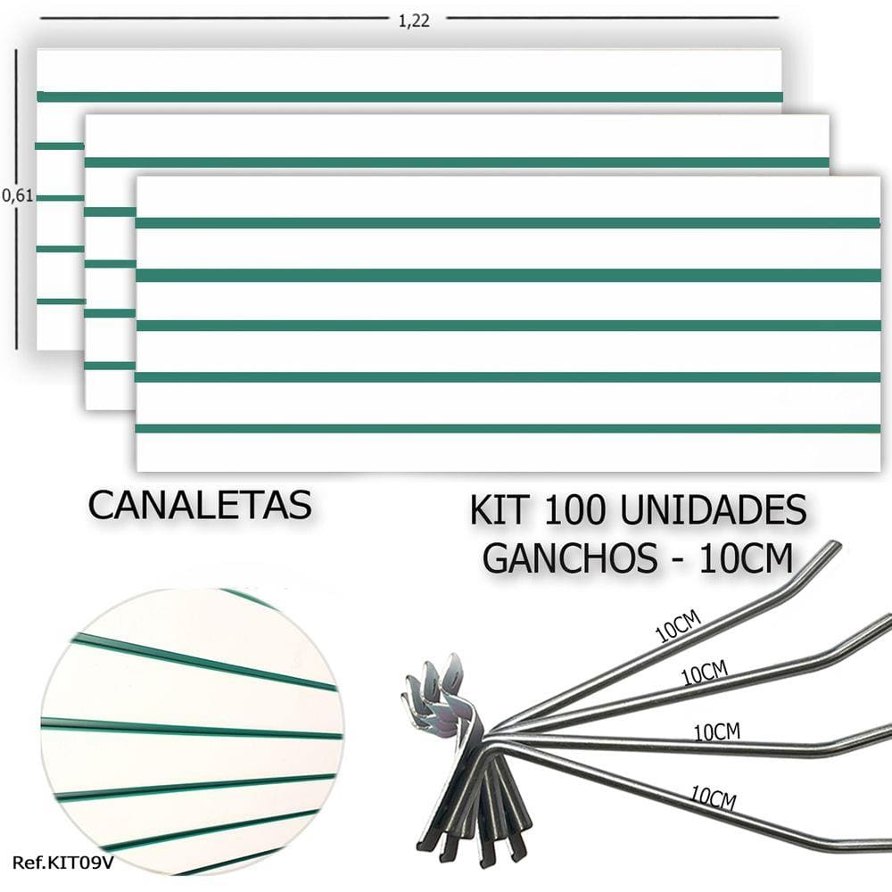 3 PAINEIS CANALETADOS 1,22 x 0,61+ 100 GANCHOS 10CM + CANALETA VERDE