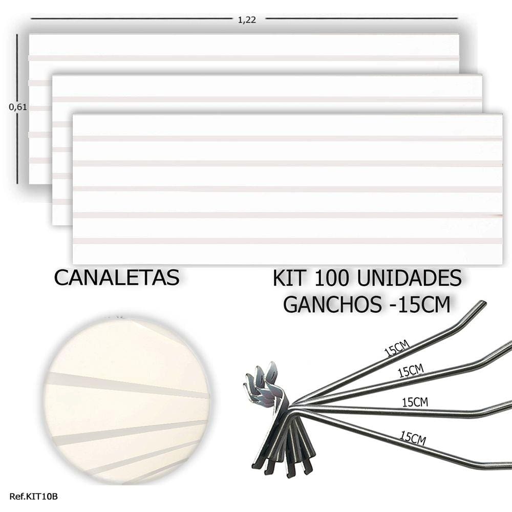 3 PAINEIS CANALETADOS 1,22 x 0,61+ 100 GANCHOS 15CM + CANALETA BRANCA