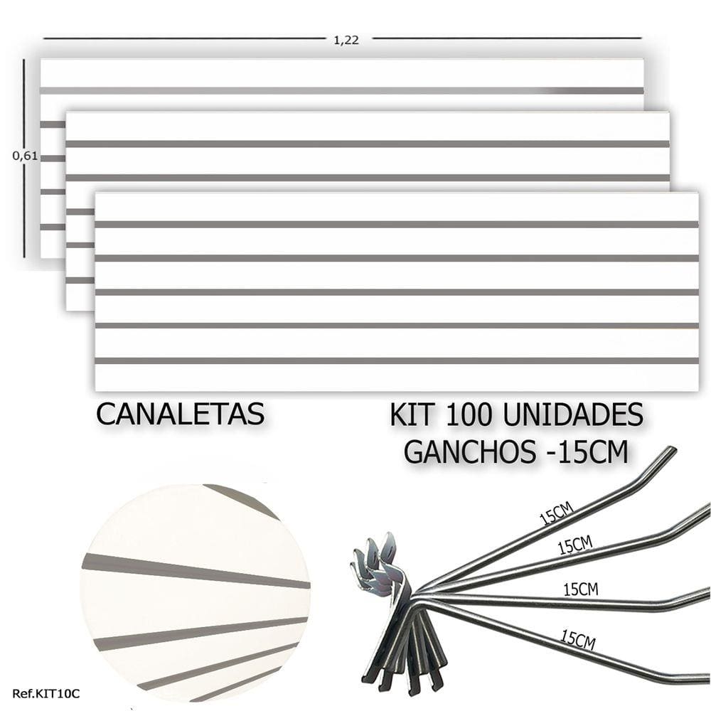 3 PAINEIS CANALETADOS 1,22 x 0,61+ 100 GANCHOS 15CM + CANALETA CINZA