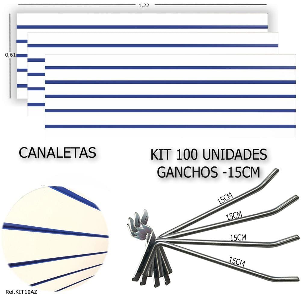 3 PAINEIS CANALETADOS 1,22 x 0,61+ 100 GANCHOS 15CM + CANALETA AZUL