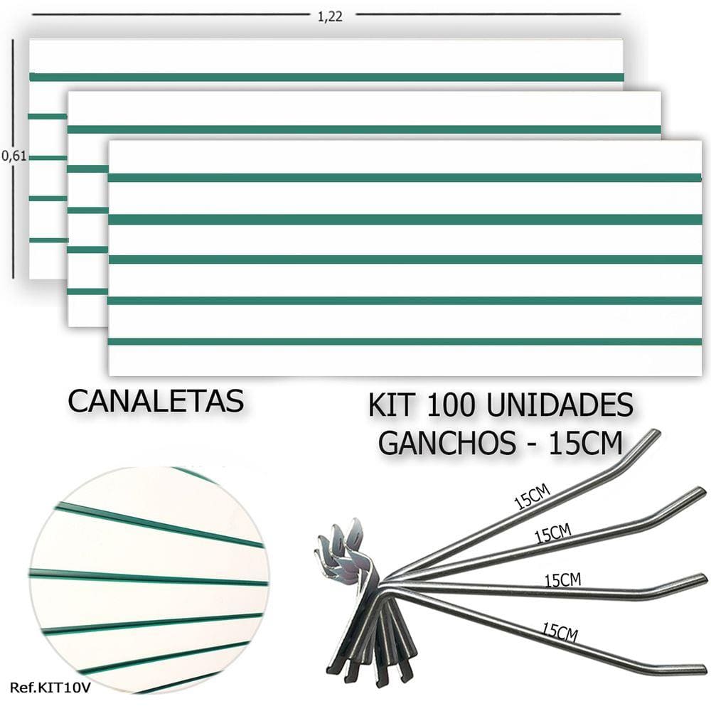 3 PAINEIS CANALETADOS 1,22 x 0,61+ 100 GANCHOS 15CM + CANALETA VERDE