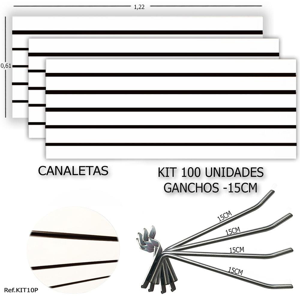 3 PAINEIS CANALETADOS 1,22 x 0,61+ 100 GANCHOS 15CM + CANALETA PRETA