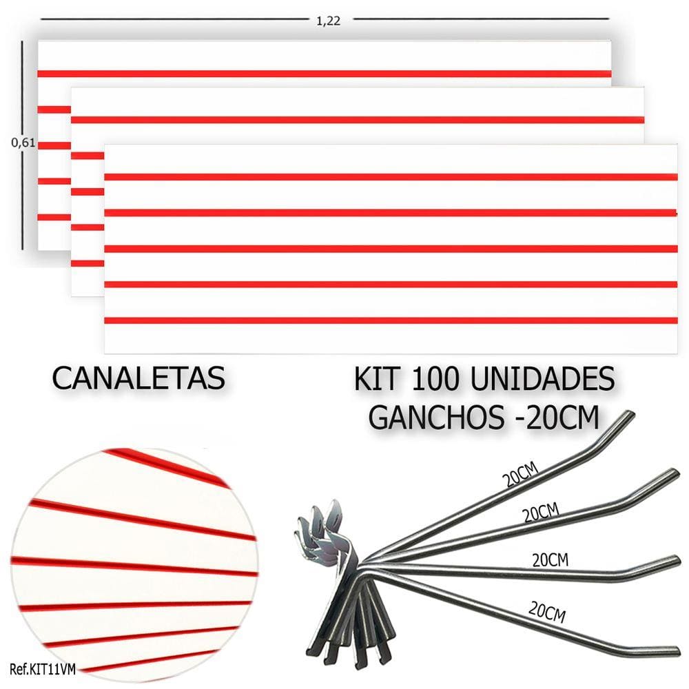 3 PAINEIS CANALETADOS 1,22 x 0,61+ 100 GANCHOS 20CM + CANALETA VERMELHAS