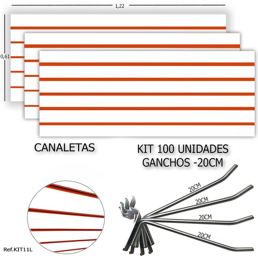 3 PAINEIS CANALETADOS 1,22 x 0,61+ 100 GANCHOS 20CM + CANALETA LARANJA