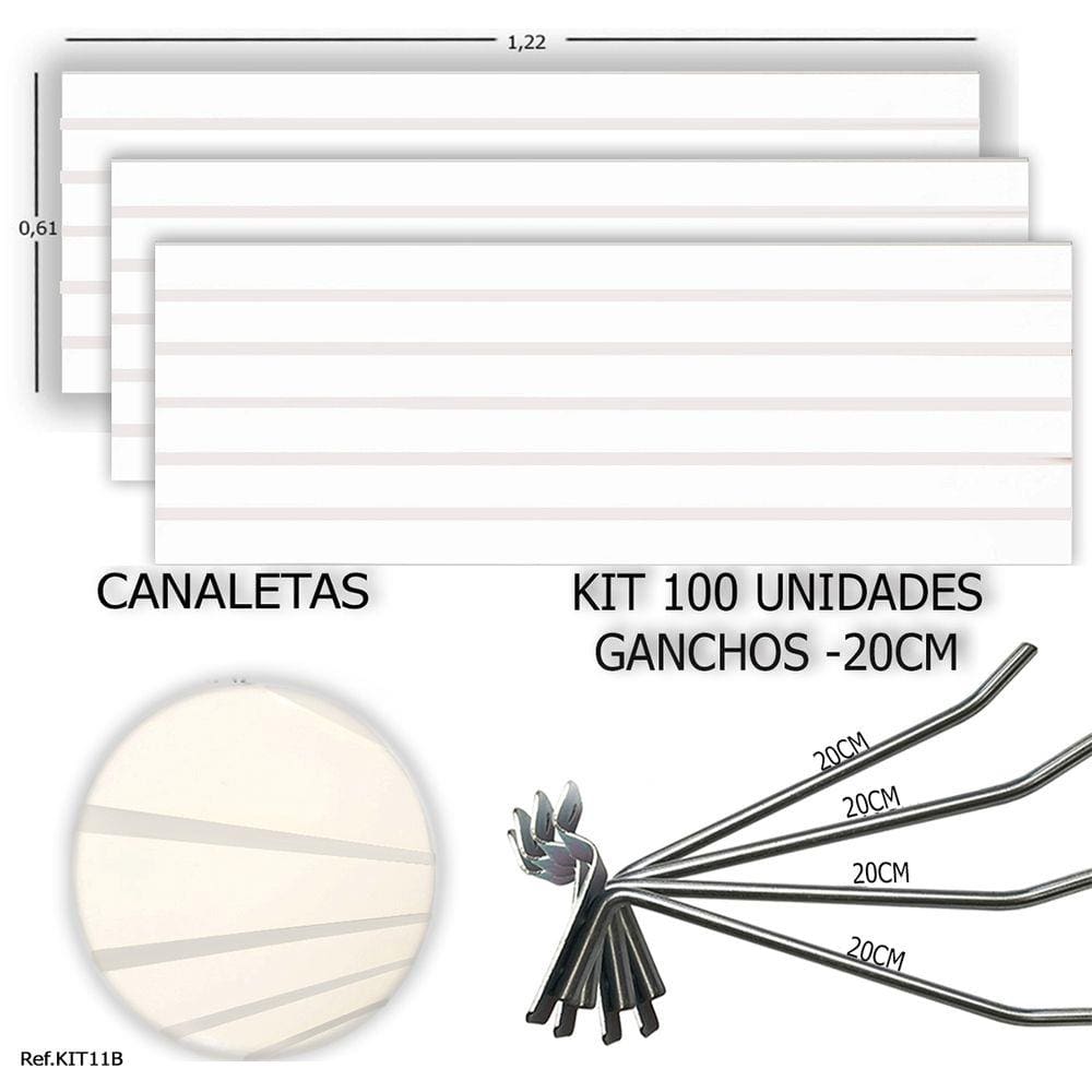 3 PAINEIS CANALETADOS 1,22 x 0,61+ 100 GANCHOS 20CM + CANALETA BRANCA