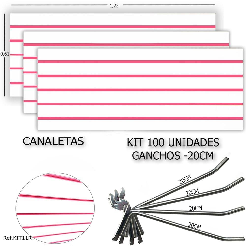 3 PAINEIS CANALETADOS 1,22 x 0,61+ 100 GANCHOS 20CM + CANALETA ROSA