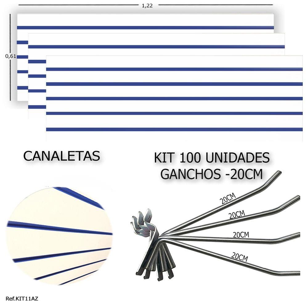 3 PAINEIS CANALETADOS 1,22 x 0,61+ 100 GANCHOS 20CM + CANALETA AZUL
