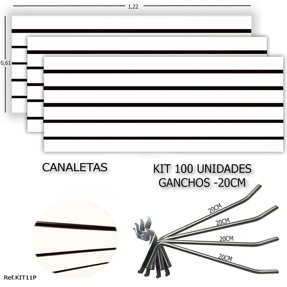 3 PAINEIS CANALETADOS 1,22 x 0,61+ 100 GANCHOS 20CM + CANALETA PRETA