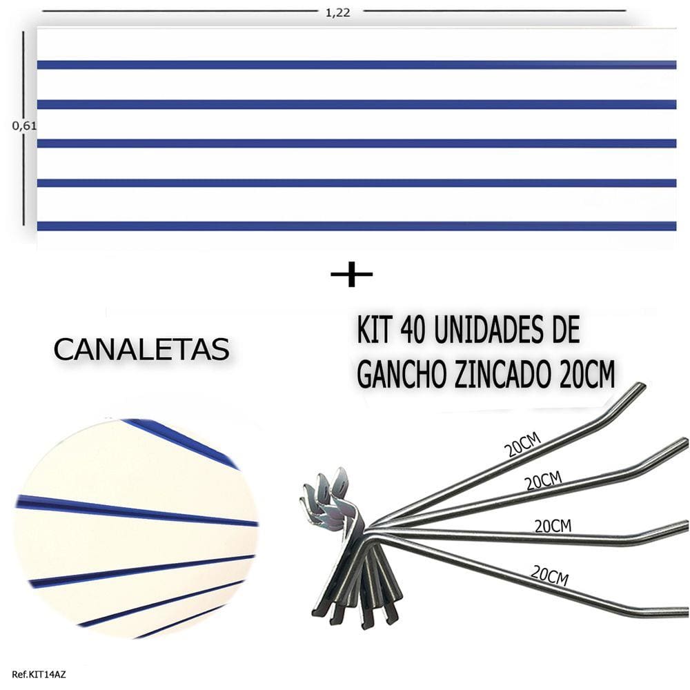 PAINEL CANALETADO 1,22 x 0,61+ 40 GANCHOS 20CM + CANALETA AZUL