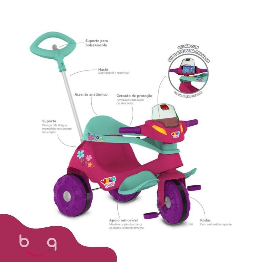 Triciclo Velobaby Rosa G2 Passeio Pedal Suporte Para Celular