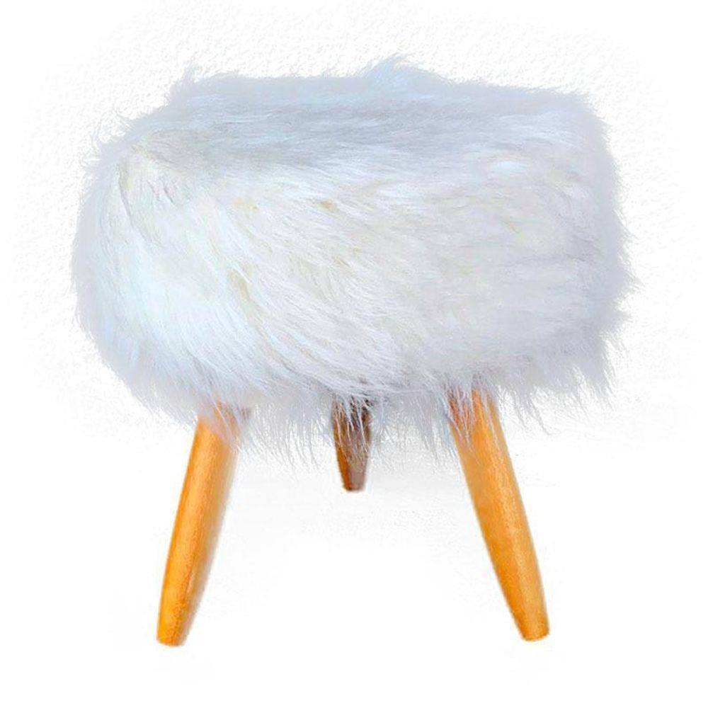 Puff Banqueta Magnus Redondo Pelúcia Branca Pés Castanho Top