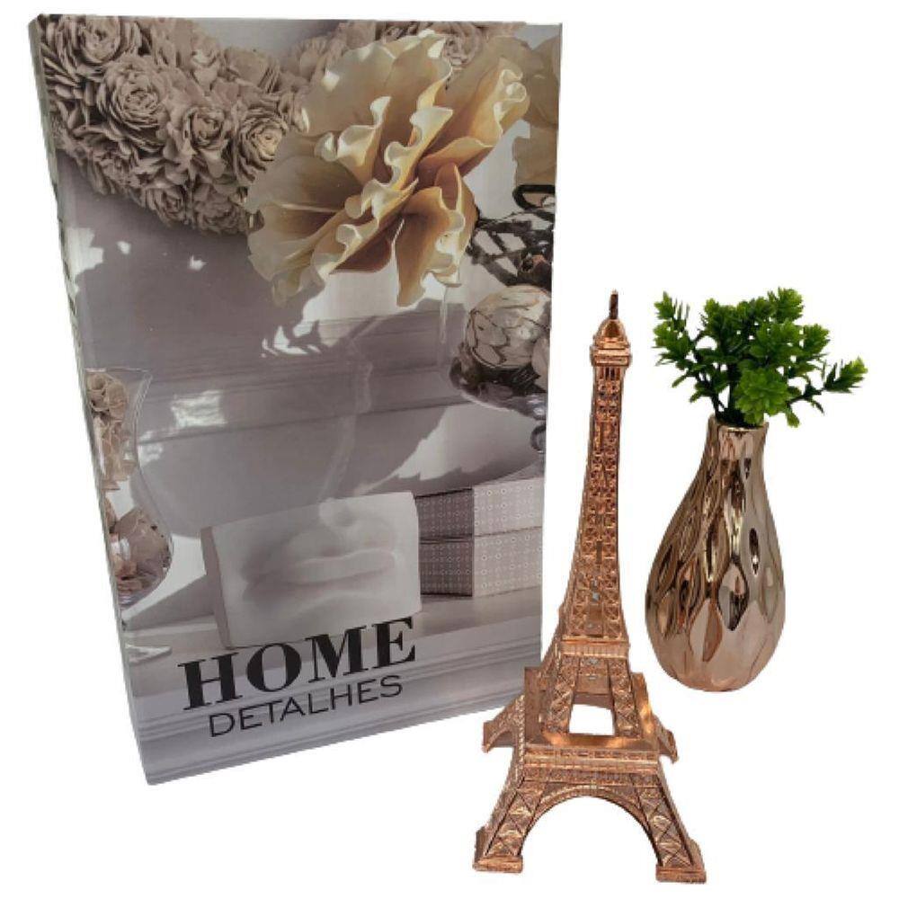 Livro decorativo, vaso de cerâmica e torre Eiffel rose gold