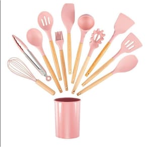 Kit De Utensílios De Cozinha 12 Peças Silicone Luxo Rosa