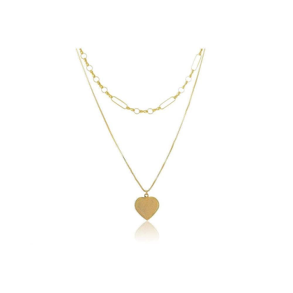 Colar Duplo Folheado Em Ouro 18K Com Coração