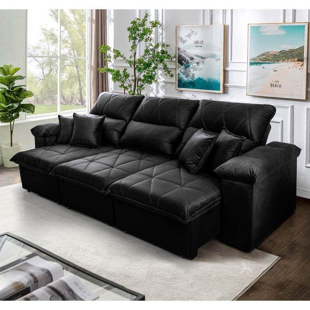 Sofá Retrátil Reclinável Trento 2,30m Suede Velut Preto c/ Molas no Assento - King House