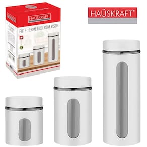 Pote De Vidro / Inox Redondo Com Tampa Branco Com 3 Peças