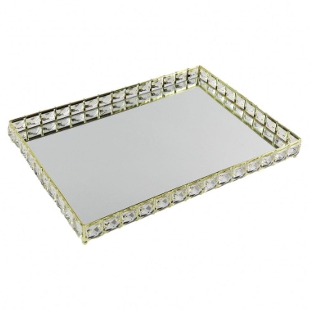 Bandeja Decorativa Retangular Dourado Cristal com Espelho 40cm KV0248 BTC