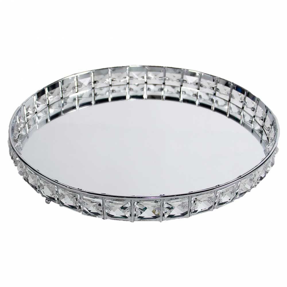 Bandeja Decorativa Redonda Prata Cristal com Espelho 31cm KV0254 BTC