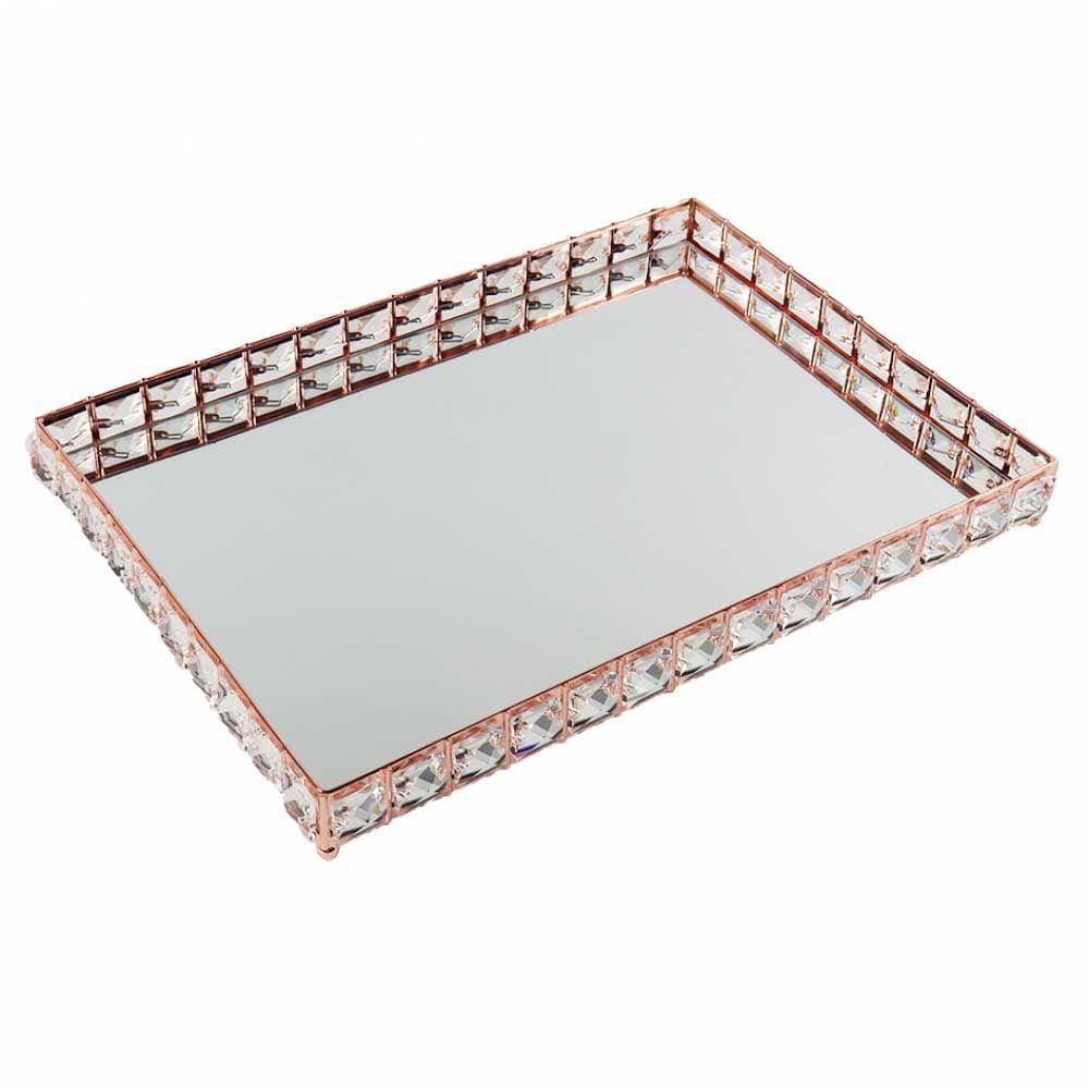 Bandeja Decorativa Retangular Rose Gold Cristal com Espelho 40cm KV0251 BTC