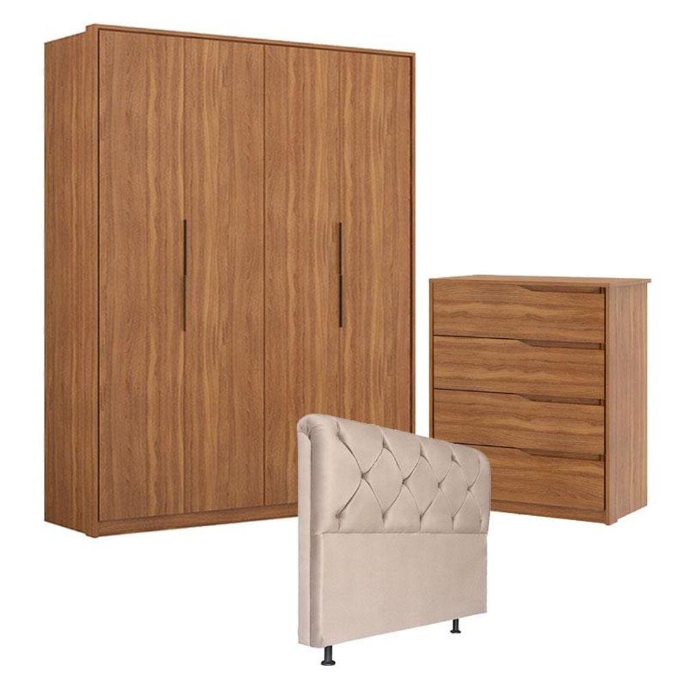 Guarda Roupa Attore 4 Portas e Cômoda Atria Amêndola com Cabeceira Daiana 140 cm Marfim - Demartêz