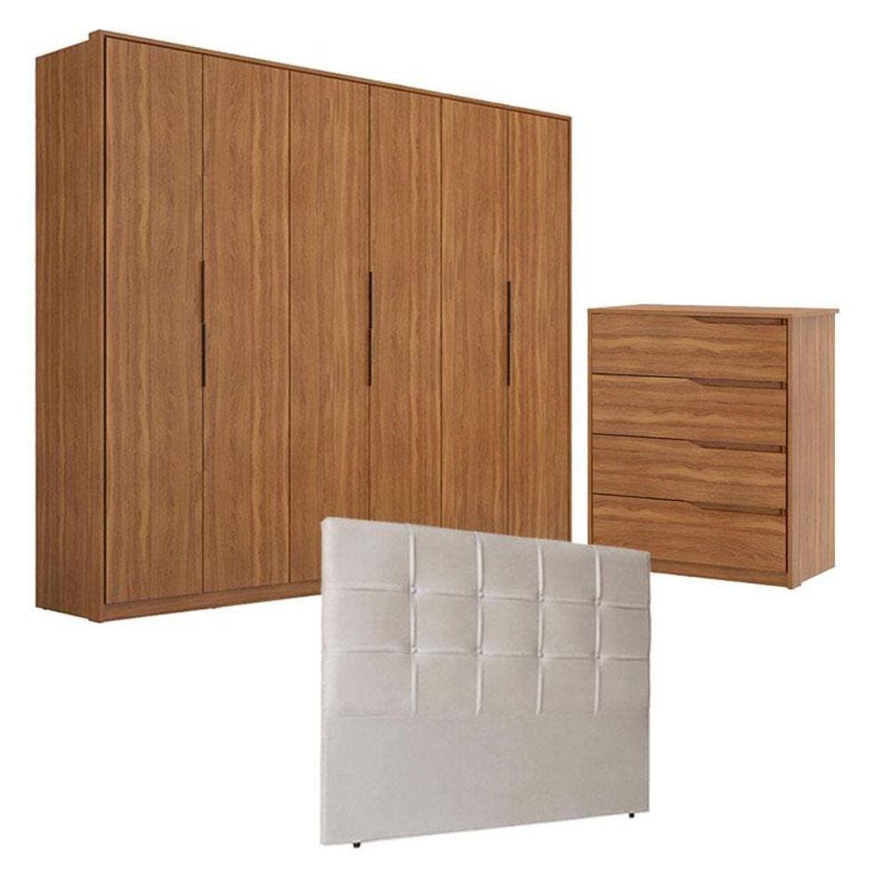 Guarda Roupa Atrice 6 Portas e Cômoda Atria Amêndola com Cabeceira Luiza 160 cm Marfim - Demartêz