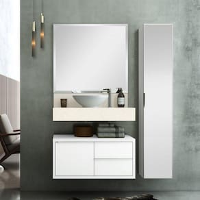Conjunto de Banheiro Pró 80cm com Espelho, Gabinete, Bancada, Armário Vertical e Cuba de Apoio Bumi Branco