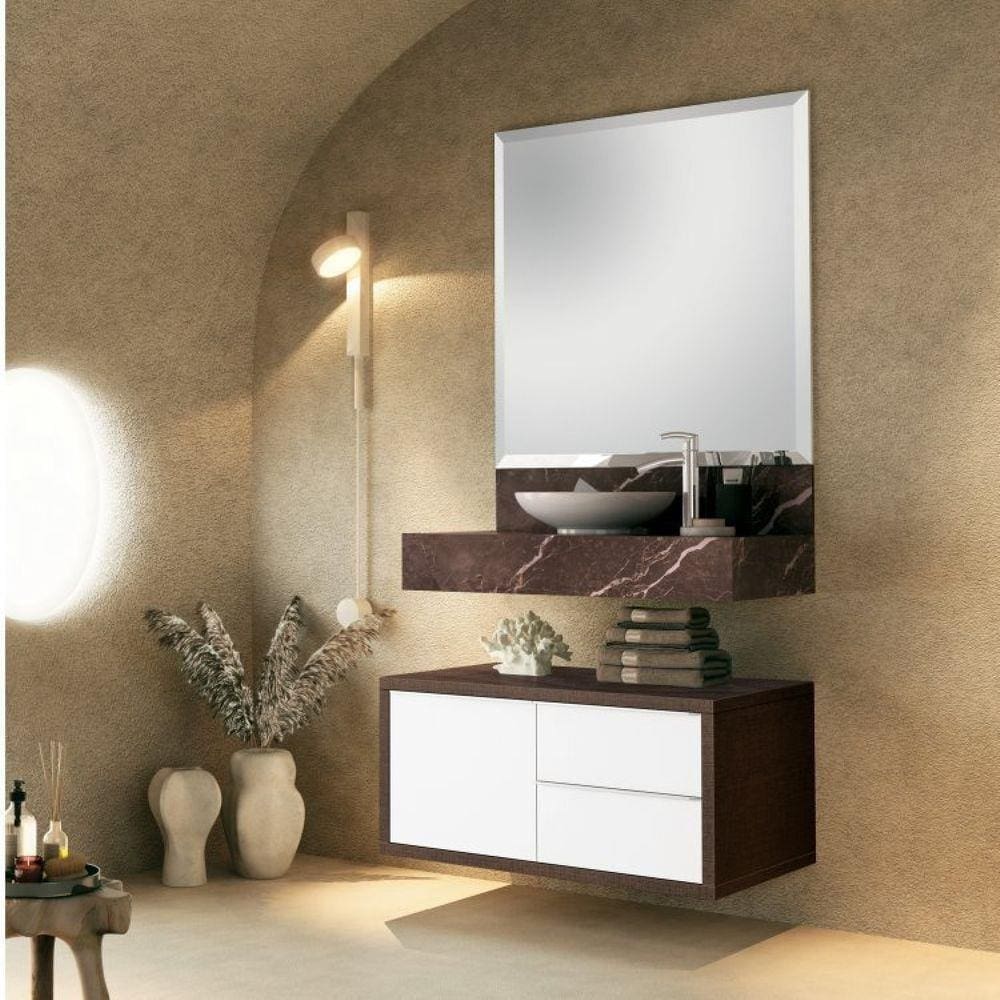 Conjunto de Banheiro Pró 80cm com Espelho, Gabinete, Bancada em Porcelanato e Cuba de Apoio Bumi Trufa