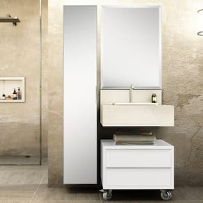 Conjunto de Banheiro Max 60cm com Espelho Bancada em Porcelanato, Gaveteiro e Armário Vertical Bumi Branco
