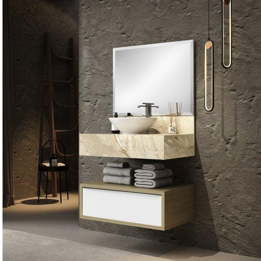 Conjunto 80cm para Banheiro com Espelho, Gaveteiro, Bancada em Porcelanato e Cuba de Louça Bumi Travertino