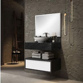 Conjunto Max 80cm para Banheiro com Espelho, Gaveteiro, Bancada em Porcelanato e Cuba de Louça Bumi Preto