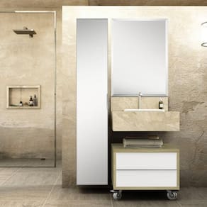 Conjunto de Banheiro Max 60cm com Espelho Bancada em Porcelanato, Gaveteiro e Armário Vertical Bumi Travertino
