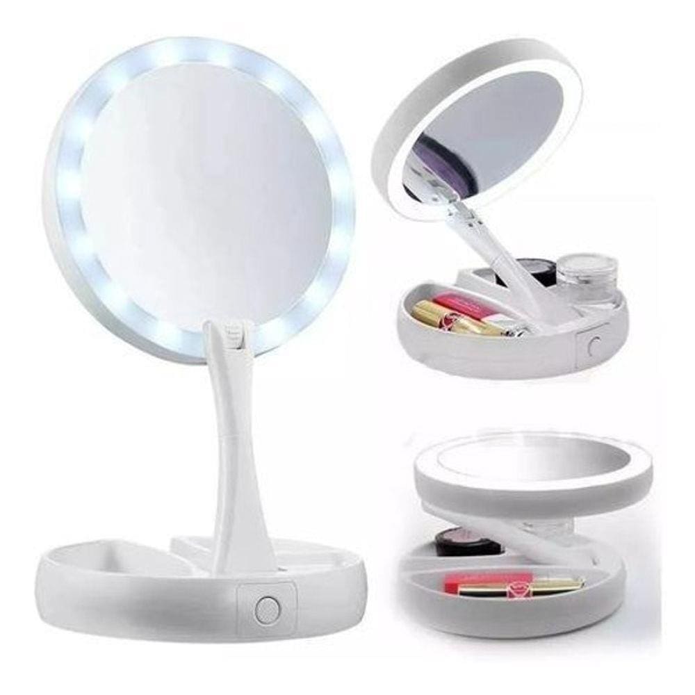 Espelho Maquiagem Aumento 10X Dupla Face Luz Led Organizador
