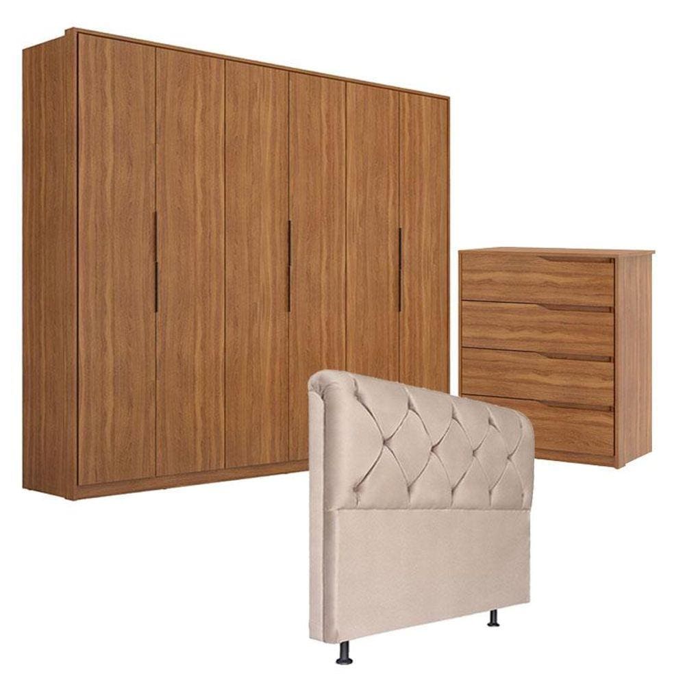 Guarda Roupa Atrice 6 Portas e Cômoda Atria Amêndola com Cabeceira Daiana 160 cm Marfim - Demartêz