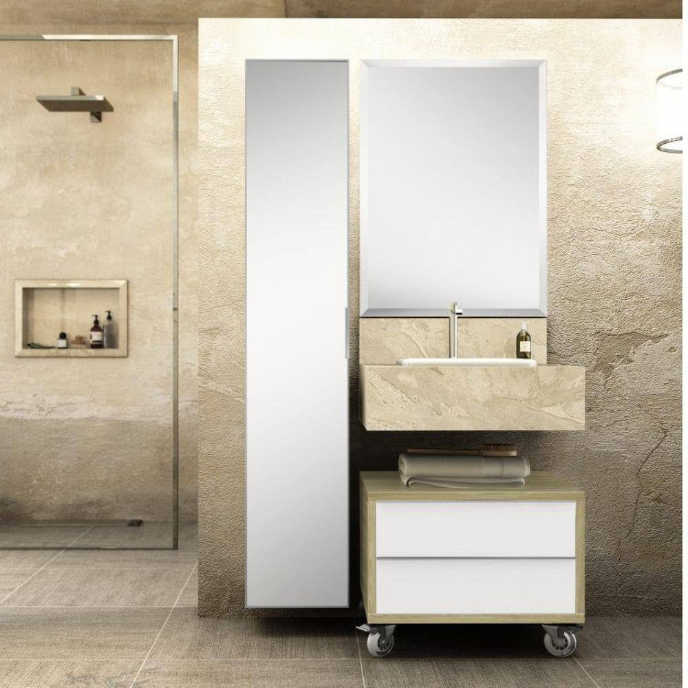 Conjunto Max 60cm para Banheiro com Espelho, Gaveteiro, Bancada com Cuba e Armário Vertical Bumi Travertino