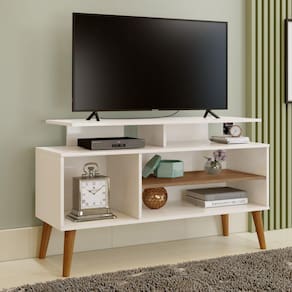 Rack TV até 42 Polegadas Pés Madeira Retrô Lyon Carmolar Off White/Canela