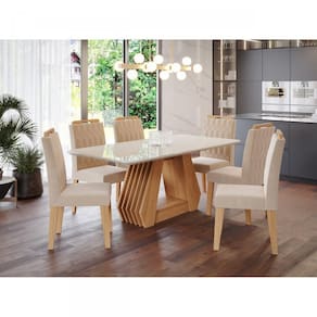 Conjunto Sala de Jantar Mesa Tampo Vidro/MDF Agata e 6 Cadeiras Paola Cimol Nature/Off White/Nude
