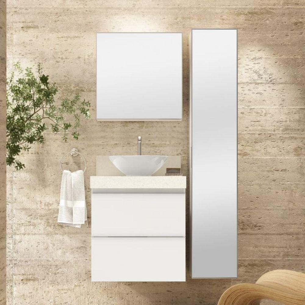 Conjunto para Banheiro com Espelheira, Gabinete, Lavatório, Cuba de Louça e Armário Vertical Bumi Branco