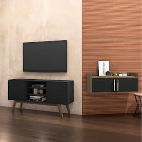 Conjunto para Sala de Estar com Rack para TV até 65 Polegadas e Gabinete Suspenso Estilare Preto/Marrom