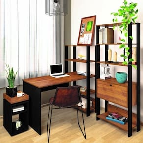 Conjunto Home Office 3 Peças Escrivaninha Match, Estante e Mesa Lateral Artely Pinho/Preto