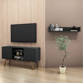 Conjunto para Sala de Estar com Rack para TV até 65 Polegadas e Prateleira Print Estilare Preto