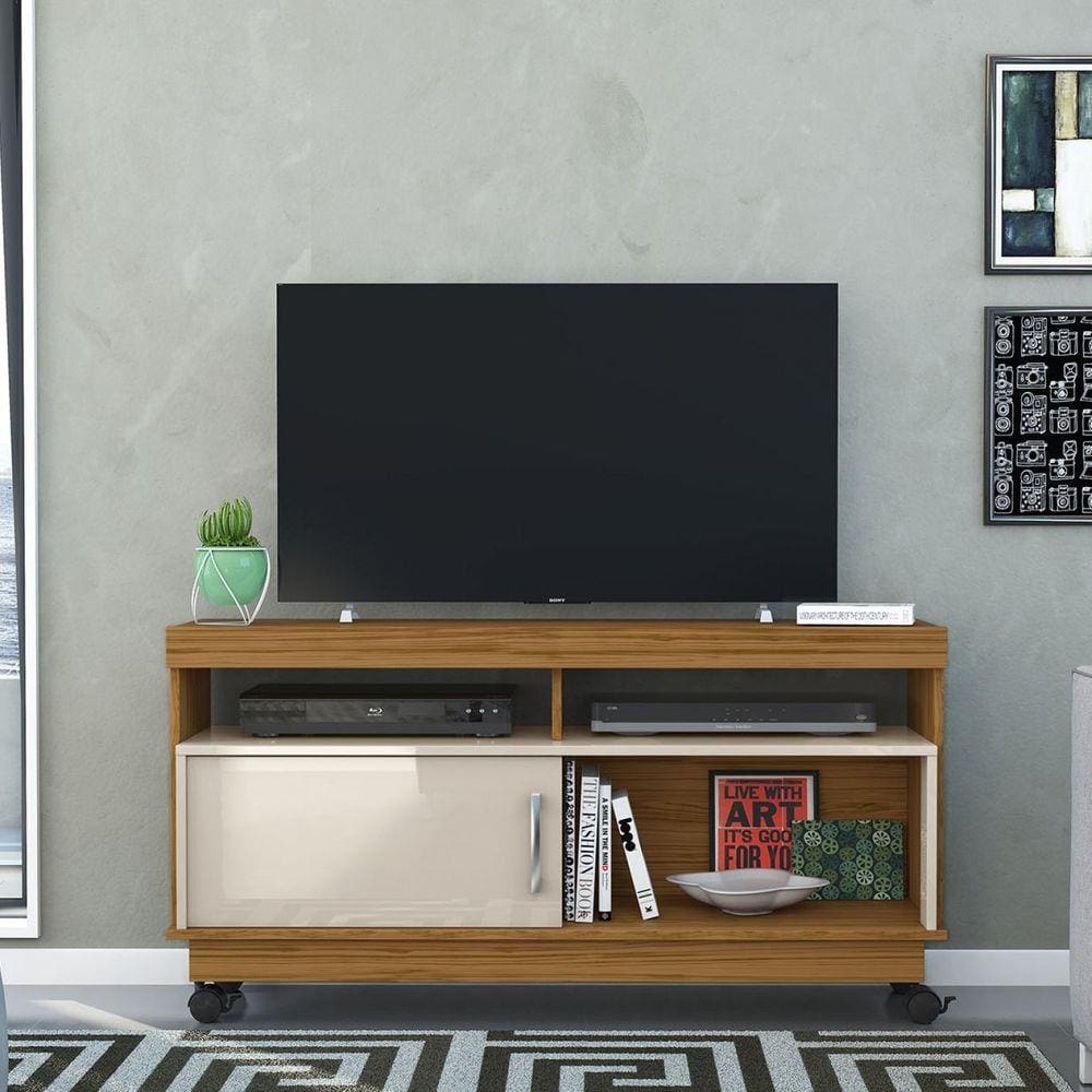 Rack para TV até 50 Polegadas 1 Porta e Rodízios Artur Madetec Naturale/Off White