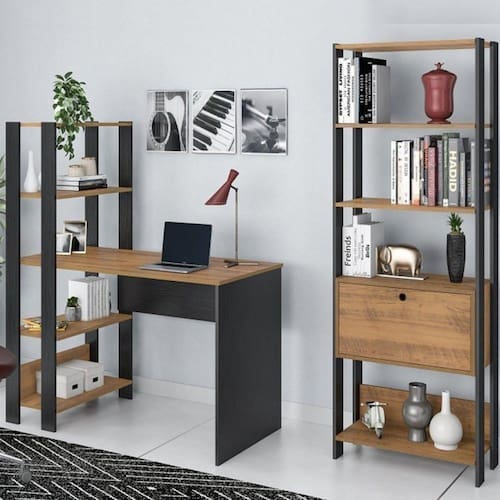 imagem-Conjunto Home Office 2 Peças Escrivaninha Match e Estante Artely Pinho/Preto - Marrom