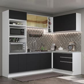 Cozinha Completa de Canto Madesa Glamy 399002 com Armário e Balcão (Sem Tampo e Pia) - Branco/Preto