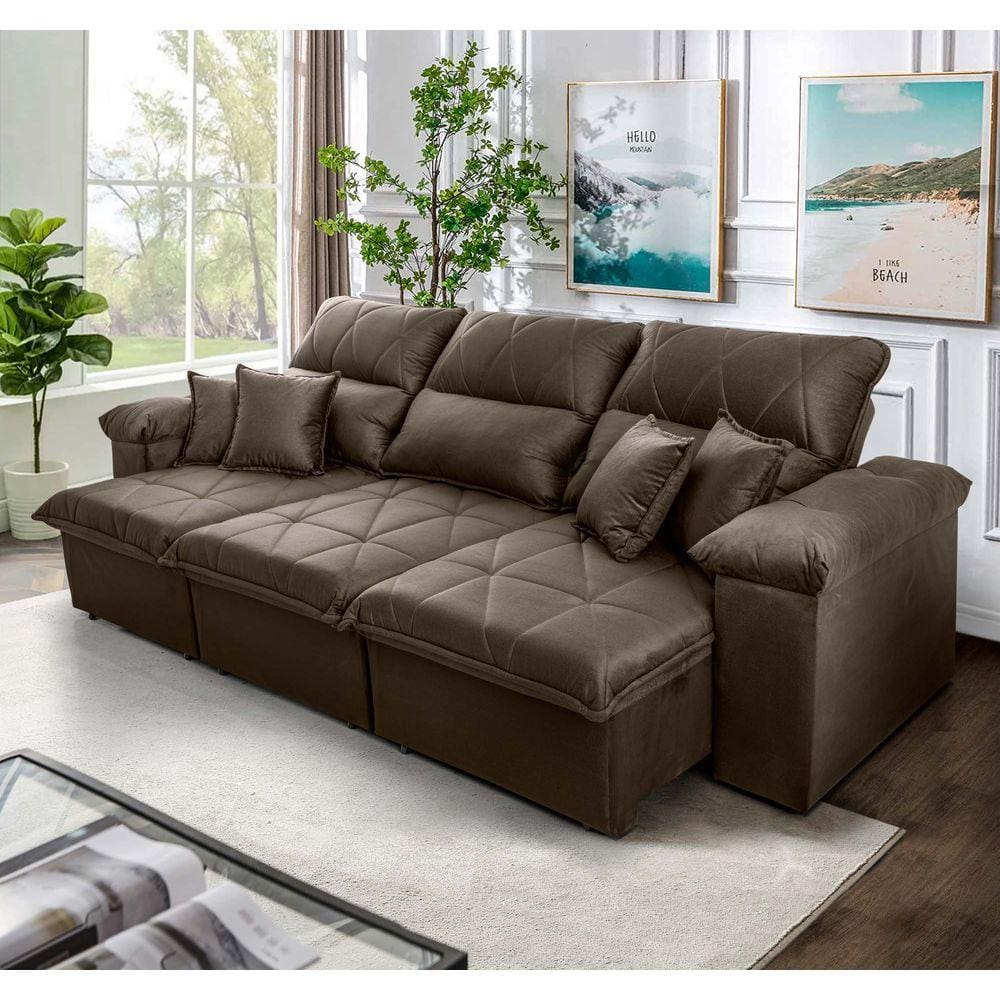 Sofá Retrátil Reclinável Trento 2,30m Suede Velut Tabaco c/ Molas no Assento - King House