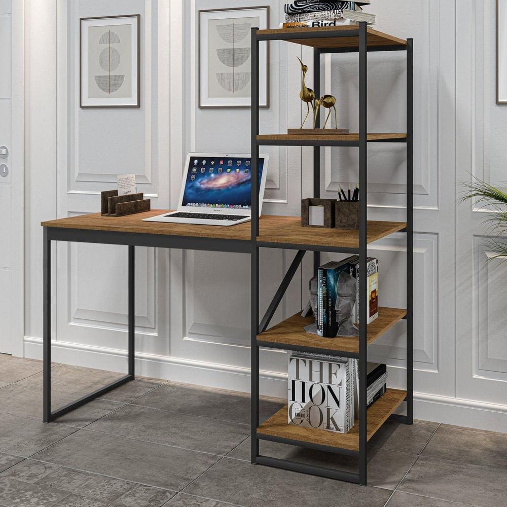 Escrivaninha Home Office com Prateleira Fit Yescasa Preto/Canela