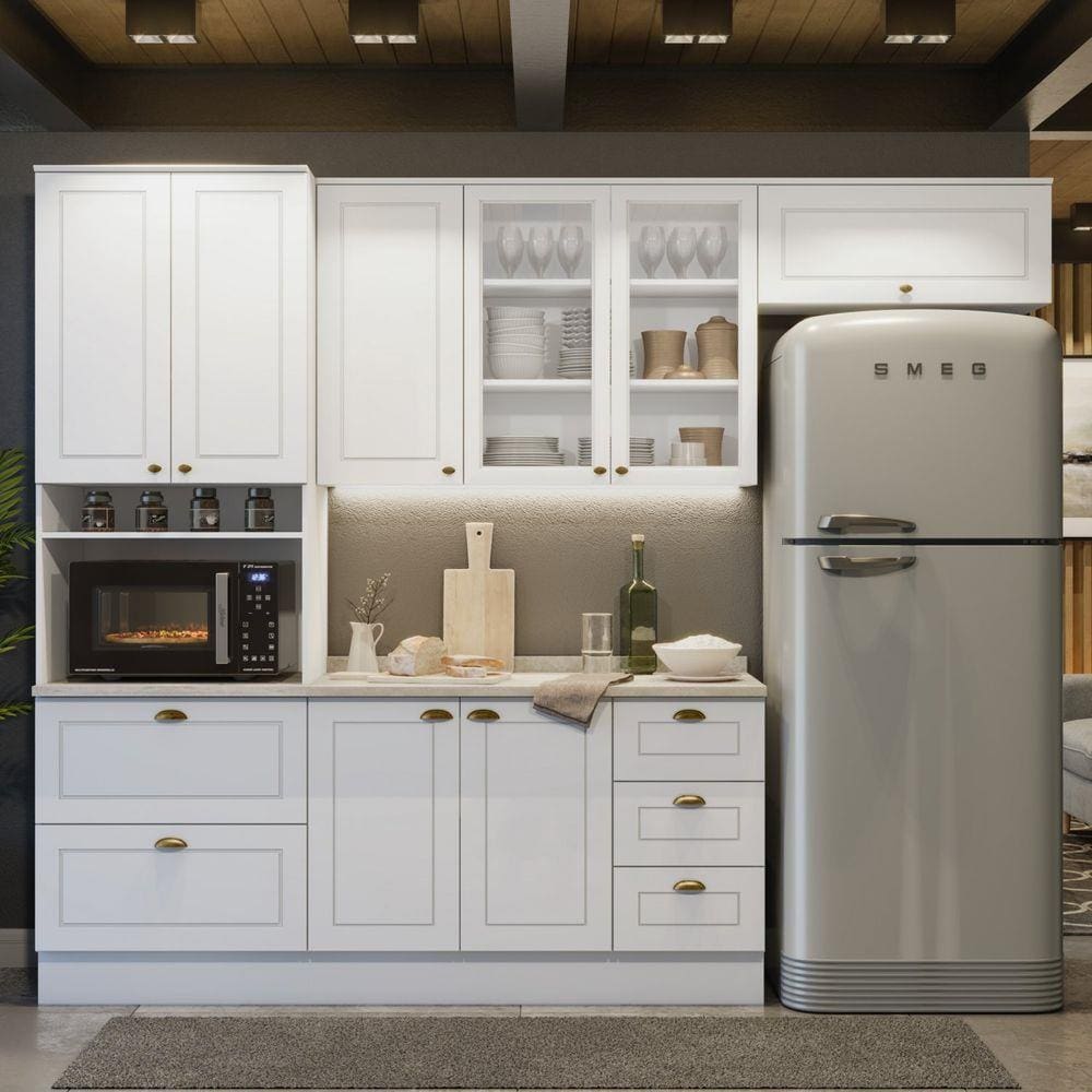Cozinha Compacta 4 Peças Aéreo Basculante Torre Quente Emily Espresso Móveis Branco HP