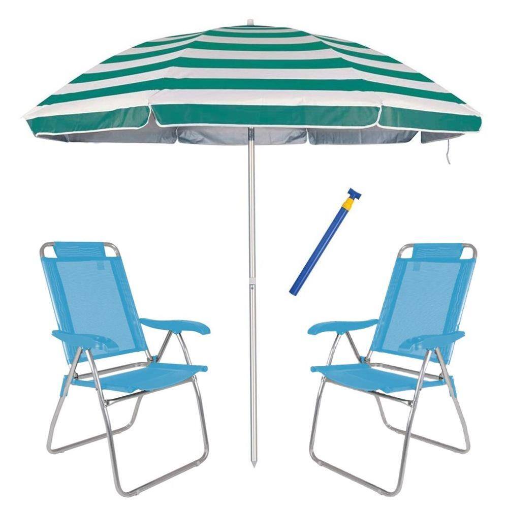 Kit 2 Cadeira Boreal Reclinável 3 Pos Alum + Guarda Sol 2,6m Alum + Saca Areia - Mor