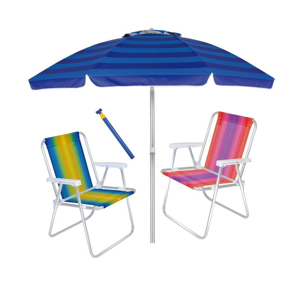 Kit 2 Cadeira Alta Alumínio + Guarda Sol 2,4 metros + Saca Areia - Mor
